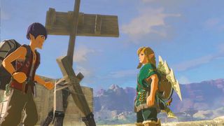 Link talks to Addison in front of one of Tears of the Kingdom's many signs
