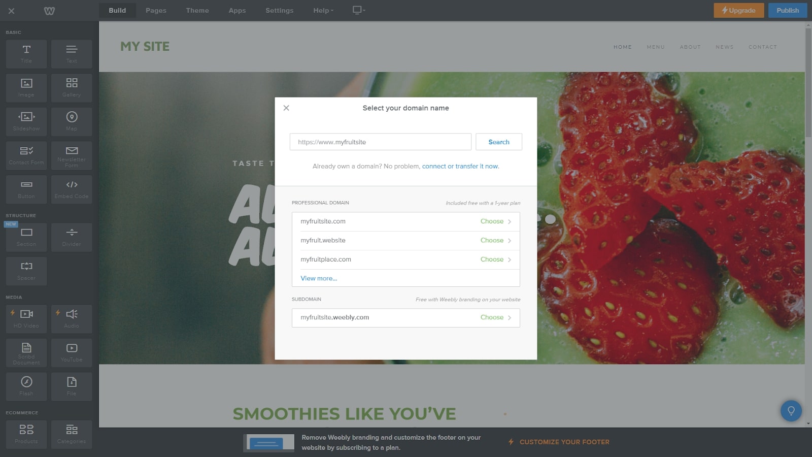 Weebly's website builder in use, with domain options displayed