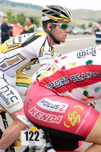 Eventual stage winner Mark Cavendish bides his time in the bunch.