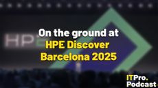 The text "On the ground at HPE Discover Barcelona 2025" against a blurred photo from the opening keynote at HPE Discover Barcelona 2025. The words "HPE Discover Barcelona 2025" are in yellow, the rest are in white. In the bottom-right corner, the ITPro Podcast logo is shown.