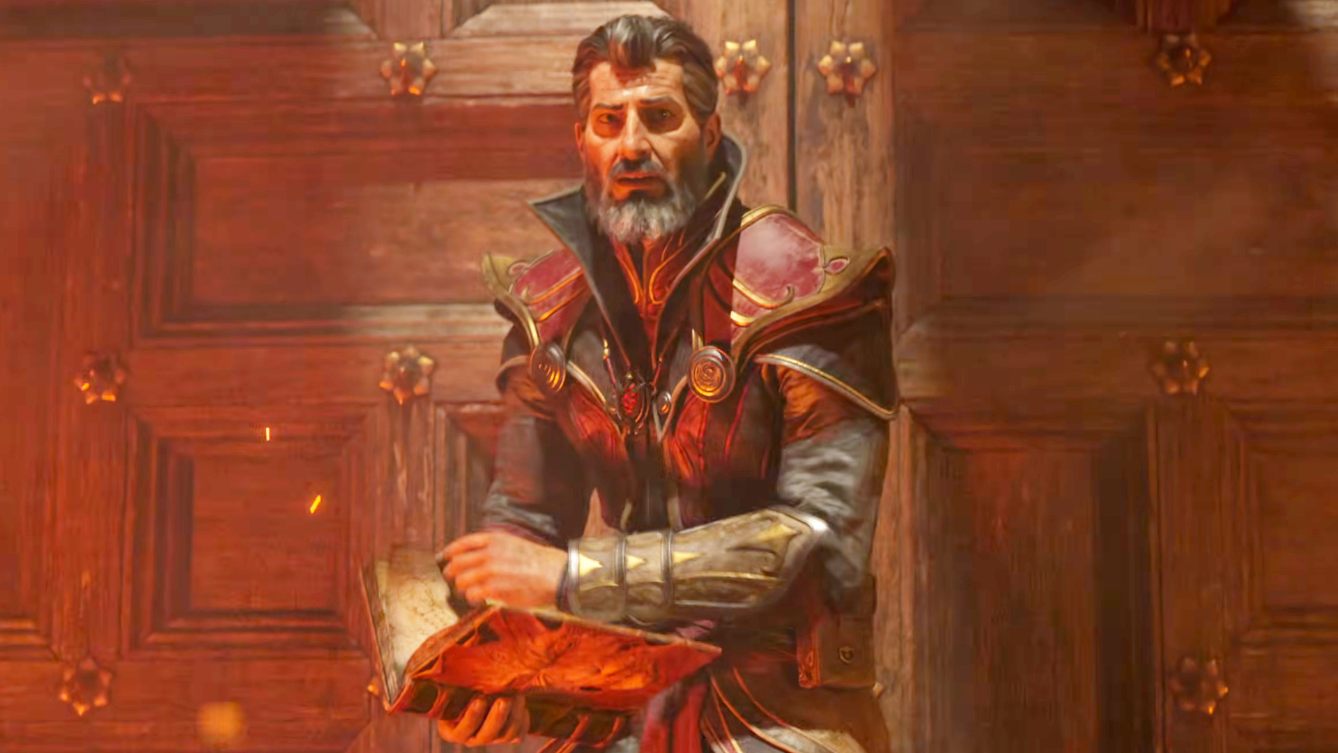 A screencap of the Diablo 30th Anniversary Spotlight Warlock trailer. This scene depicts the warlock class from Diablo 2: Resurrected's expansion Reign of the Warlock. An older man wearing red robes with golden accents pages through a tome as a horde of demons chases him. He looks toward the viewer in surprise with his back to a wall.