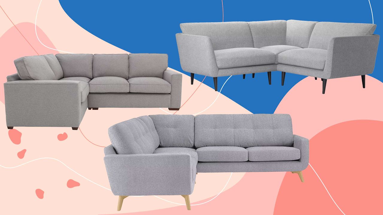 Three grey corner sofas and L-shaped sofas on a colourful pink and blue background