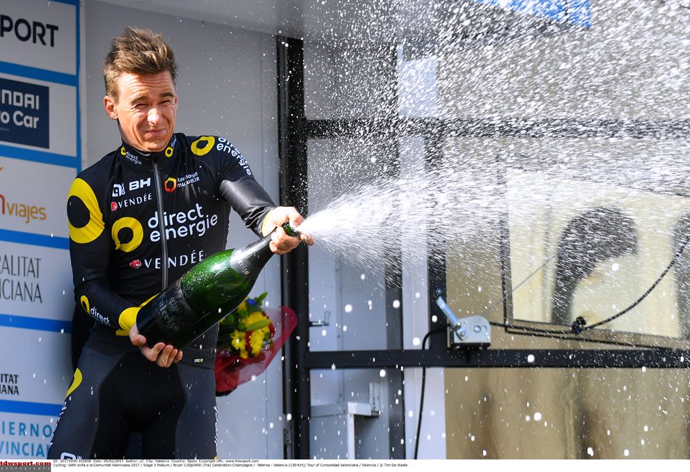 Bryan Coquard (Direct Energie) enjoys his moment on the podium after taking his first win of 2017