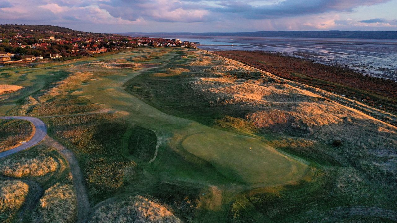 Royal Liverpool Golf Club pictured from above with the sea in background