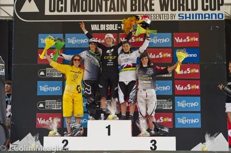 Elite women's podium in Val di Sole World Cup: Floriane Pugin, Myriam Nicole, Rachel Atherton, Emmeline Ragot, Morgane Charre