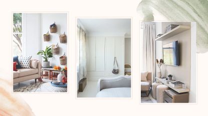 Collage image of tidy rooms on a watercolour background to support the didn't know decluttering method