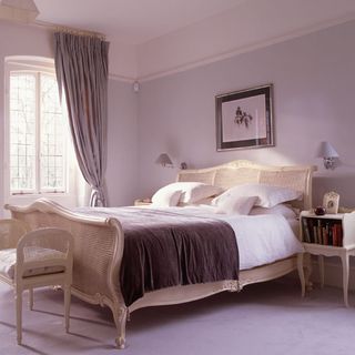 bedroom with grey curtain