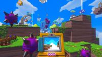 Colourful screens from indie game Screenbound; shows a player holding a yellow handheld console displaying a 2D game that mirrors the surrounding 3D environment perfectly.