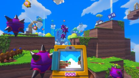 Colourful screens from indie game Screenbound; shows a player holding a yellow handheld console displaying a 2D game that mirrors the surrounding 3D environment perfectly.