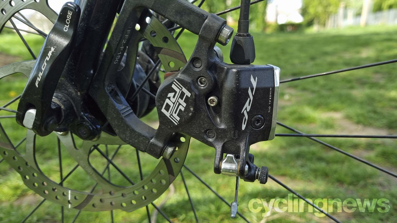 A close up of a TRP HY/RD brake calliper