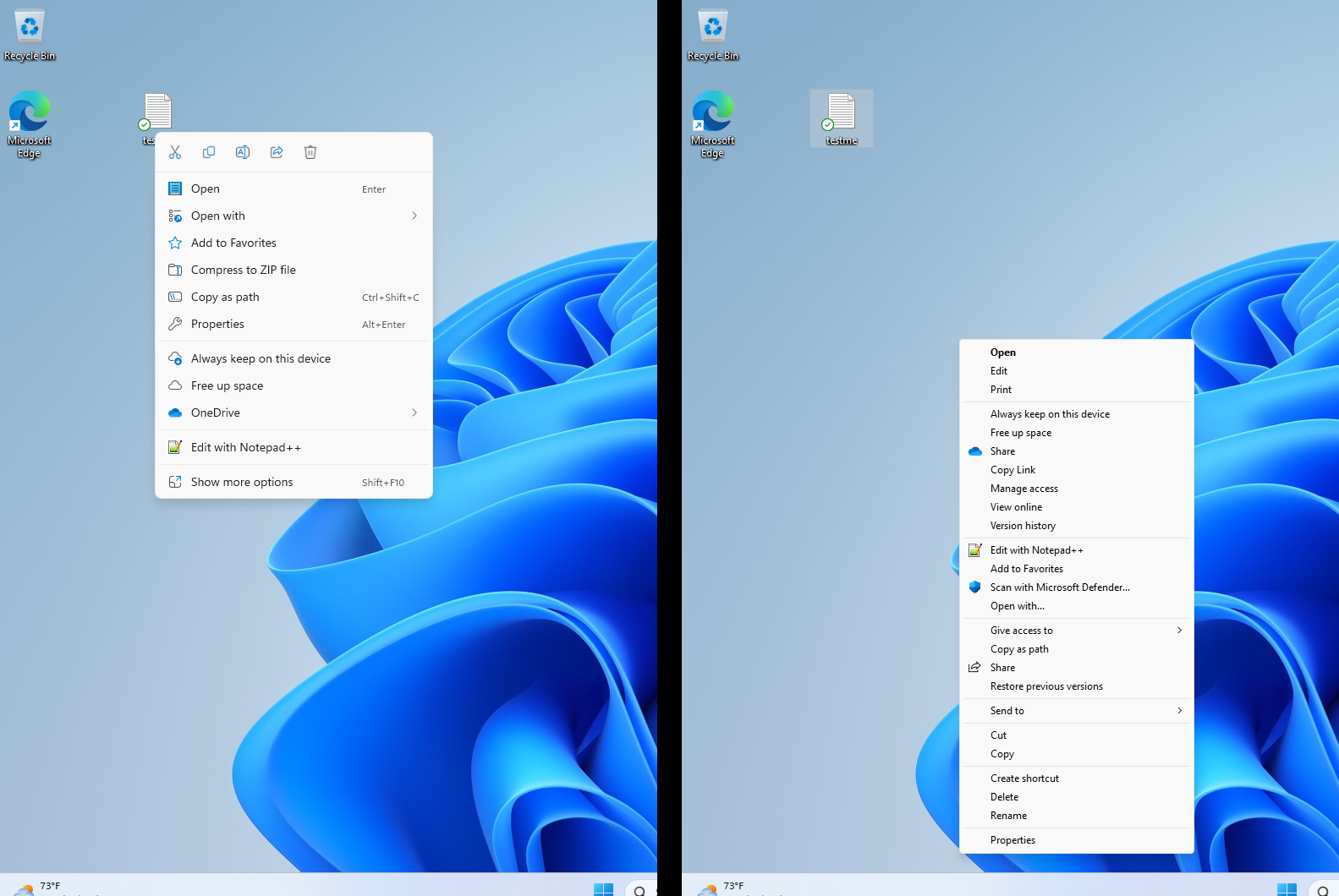 Menú contextual de Windows 11: predeterminado a la izquierda, Mostrar más opciones a la derecha