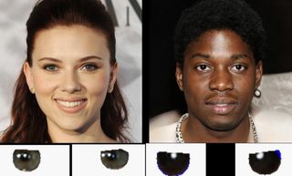 A photo of a white woman with dark red-hued hair, next to a black man with an earring on his left ear. Below them, enlarged views of their irises.