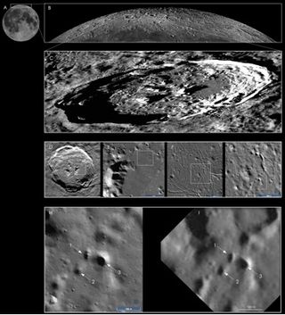 This series of images shows the location of some of the newly-discovered potential lava tube skylights at Philolaus Crater, near the moon's North Pole.