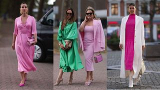 street style influencers showing what to wear to a winter wedding colourful dress