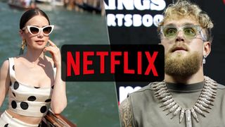 (L to R) Lily Collins as Emily in "Emily in Paris" season 5; Jake Paul speaks during a press conference for Jake Paul vs. Anthony Joshua.