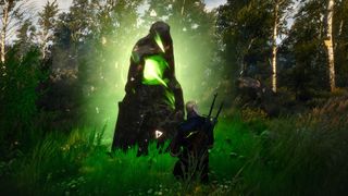 The Witcher 3 - Geralt kneels in front of a large stone glowing with the power of Axii