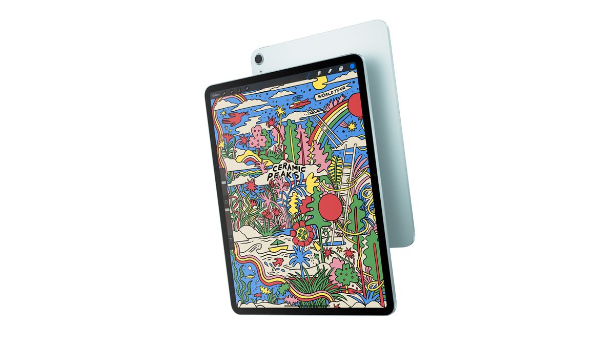 A light blue Apple iPad Air pictured on a white background.