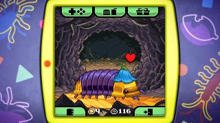 Bugaboo Pocket - a virtual pet showing a purple and yellow rubber ducky isopod wearing a blue flower hat