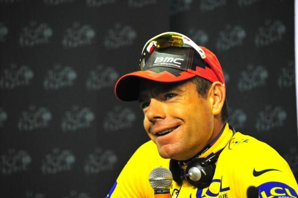 Cadel Evans (BMC) smiles during the post-race press conference.