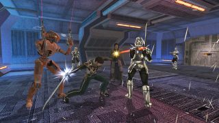 Image from the game Star Wars Knights of the Old Republic II: The Sith Lords. A fight is taking place inside a spaceship's hanger. A person with a sword, a person with a blaster, and a humanoid red robot wield two blasters are battling against three guards in shiny silver armor.