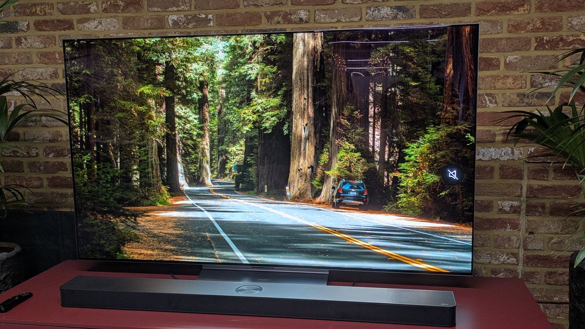 LG C5 OLED T V with forest road and car on screen 