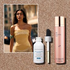 an indian woman with a yellow corset and green arm bands on a gold glitter background with a white bottle of skincare and a pink bottle of skincare