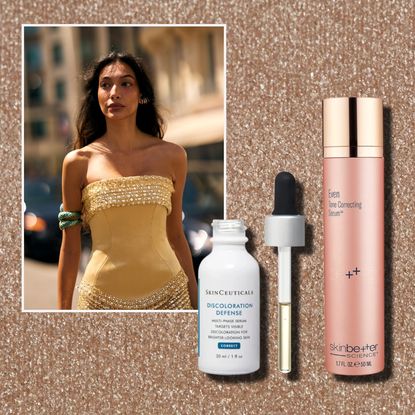 an indian woman with a yellow corset and green arm bands on a gold glitter background with a white bottle of skincare and a pink bottle of skincare
