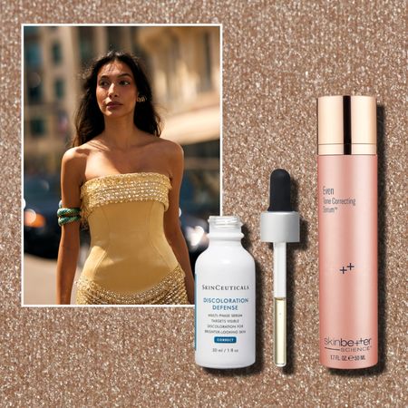 an indian woman with a yellow corset and green arm bands on a gold glitter background with a white bottle of skincare and a pink bottle of skincare