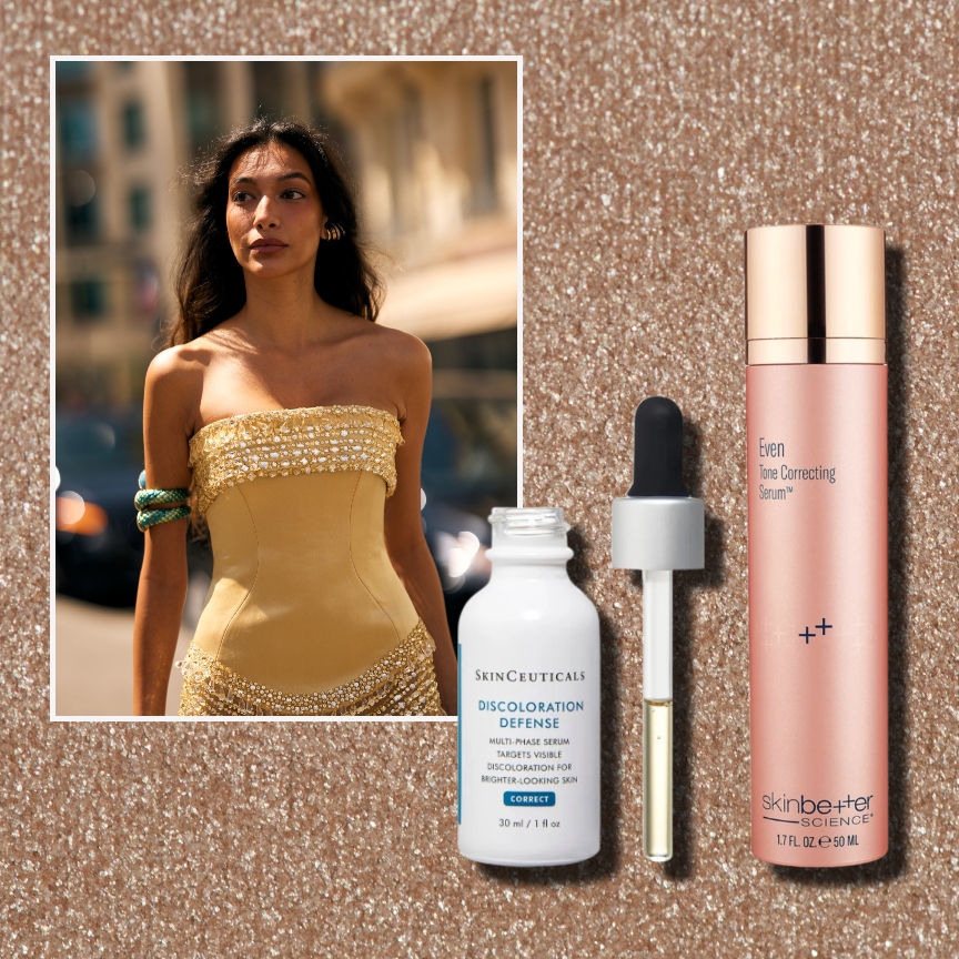 an indian woman with a yellow corset and green arm bands on a gold glitter background with a white bottle of skincare and a pink bottle of skincare