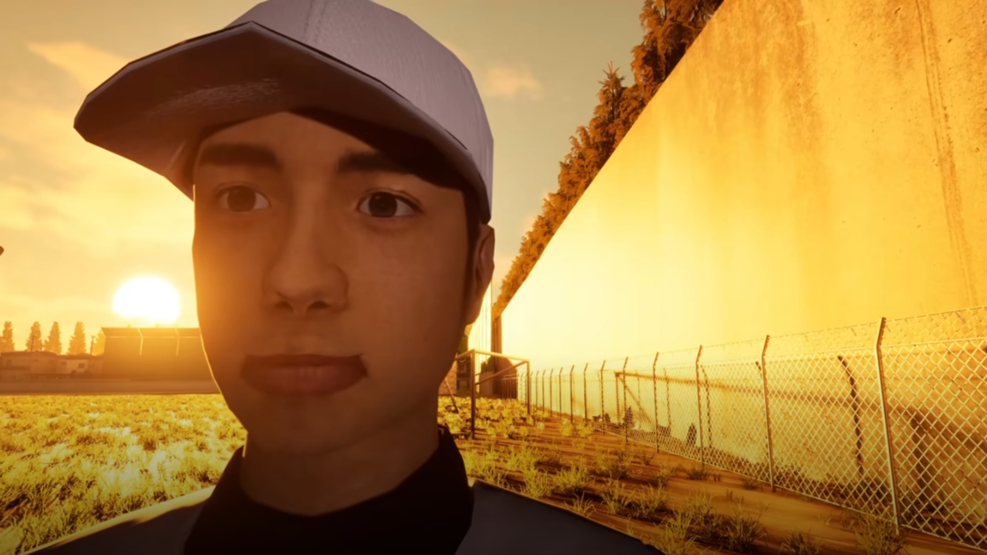A high school age baseball player in Ball Boy Simulator, with the sun setting in the background.