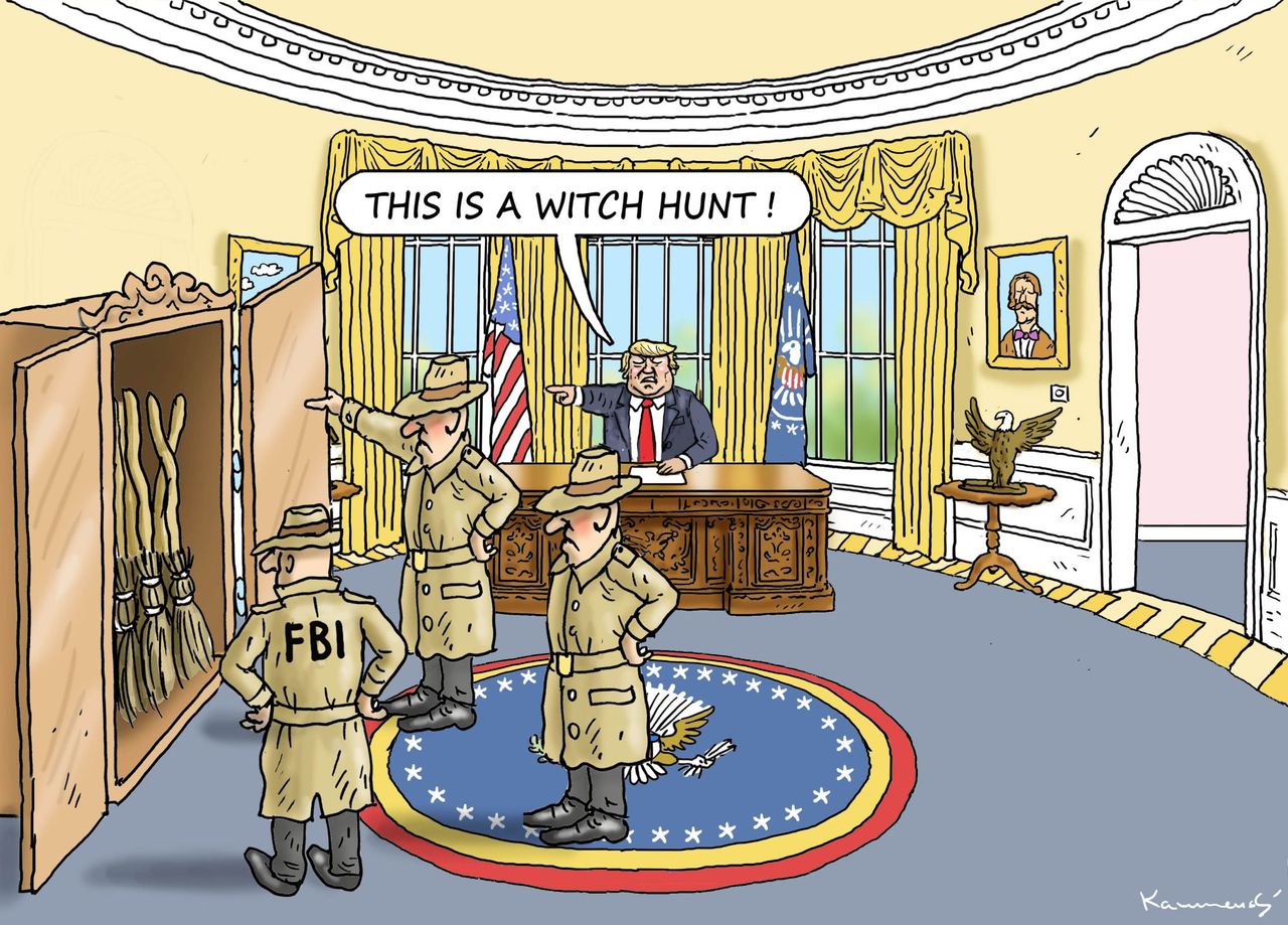 Political cartoon U.S. Trump FBI witch hunt Mueller Russia Investigation