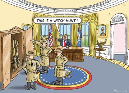Political cartoon U.S. Trump FBI witch hunt Mueller Russia Investigation