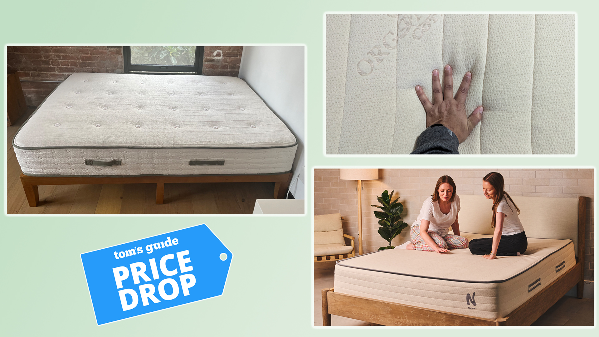 A collage of images: on the left, the Avocado Green Mattress in our reviewer's bedroom, top right is a close up of a hand on the PlushBeds Botanical Bliss mattress, bottom right is two of our tester's sitting on the Nolah Naturall 11 mattress.