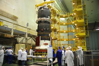 Russia's unmanned Progress 59 spacecraft is seen being prepared for its April 28, 2015 launch. The spacecraft later suffered a major malfunction after reaching orbit.