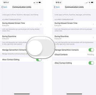 To set communication limits for your child, tap the Back button, then tap Manage (Your Child's Name) Contacts. Toggle Allow Contact Editing.