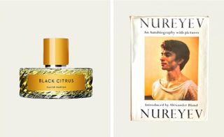 Black Citrus perfume next to the book Nureyev: An Autobiography with Pictures