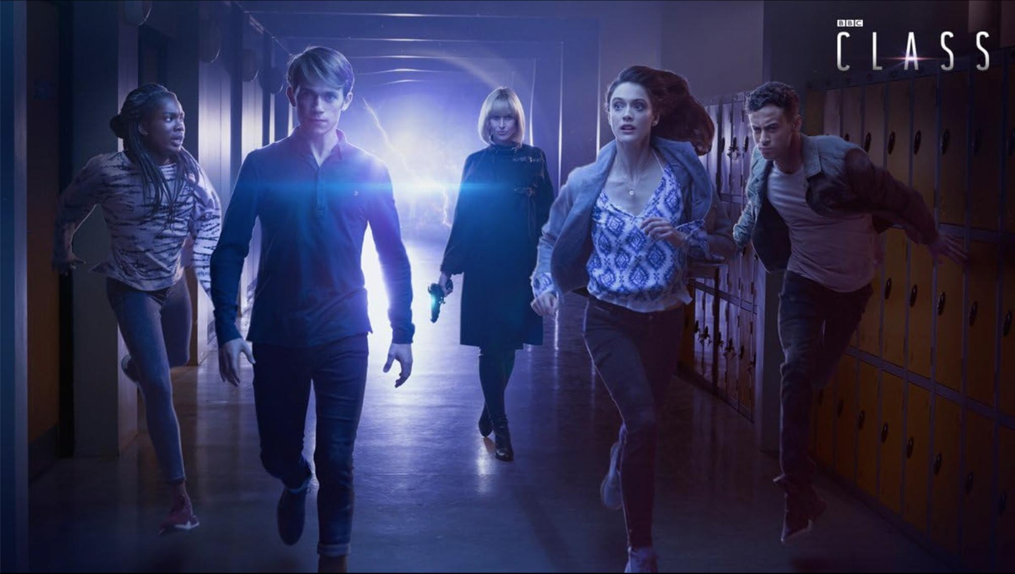 A group of teenagers running towards the camera with a bright light behind them. promotional art for Doctor Who spin-off "Class".