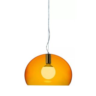 An orange pendant light with a curved lampshade, a bulb underneath this, and a wire hanging it