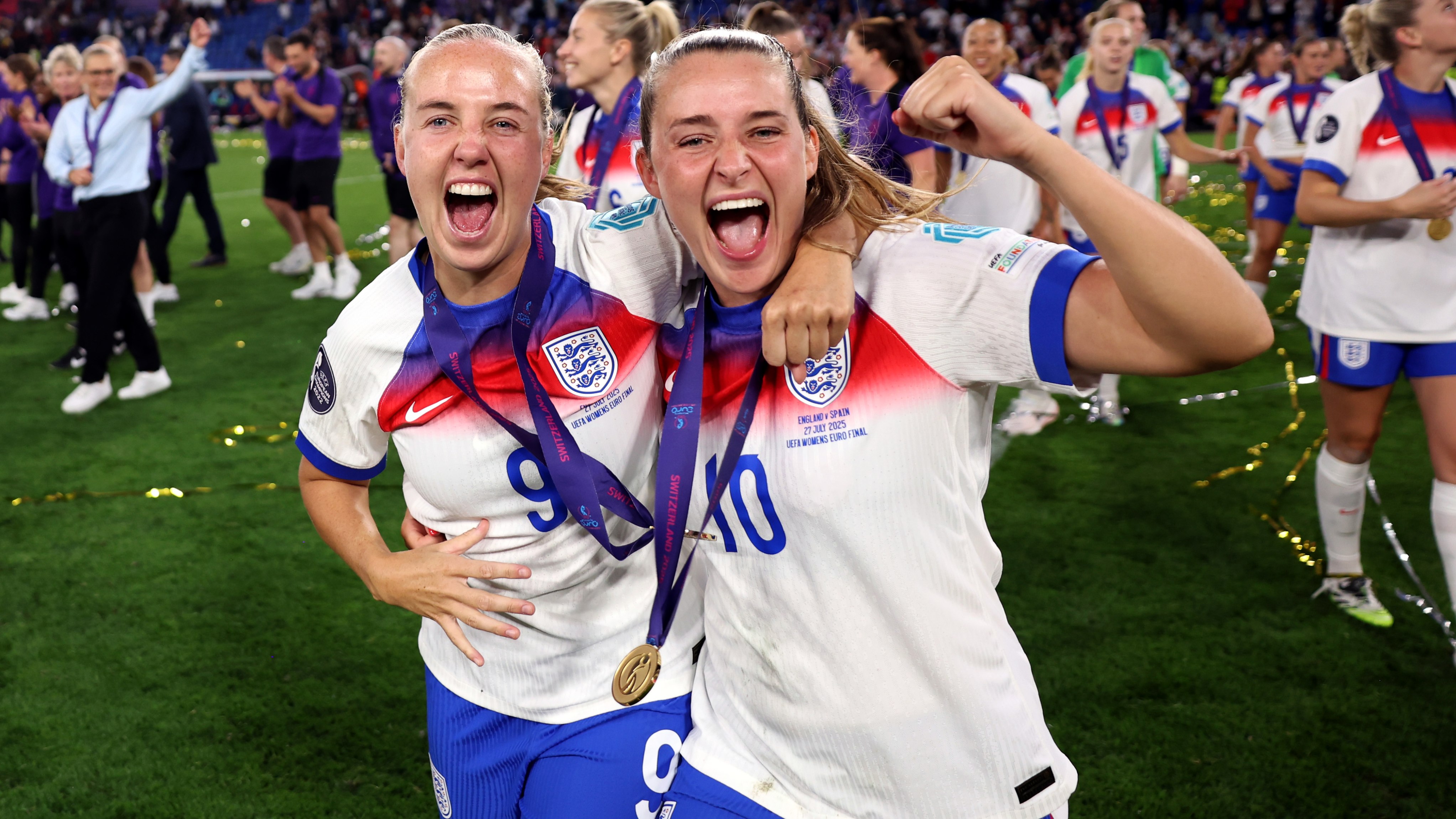 Beth Mead and Ella Toone of England celebrate following their side's victory in the UEFA Women's EURO 2025 Final match between England and Spain at St. Jakob-Park on July 27, 2025