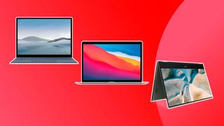 Three of the best student laptops on a red background