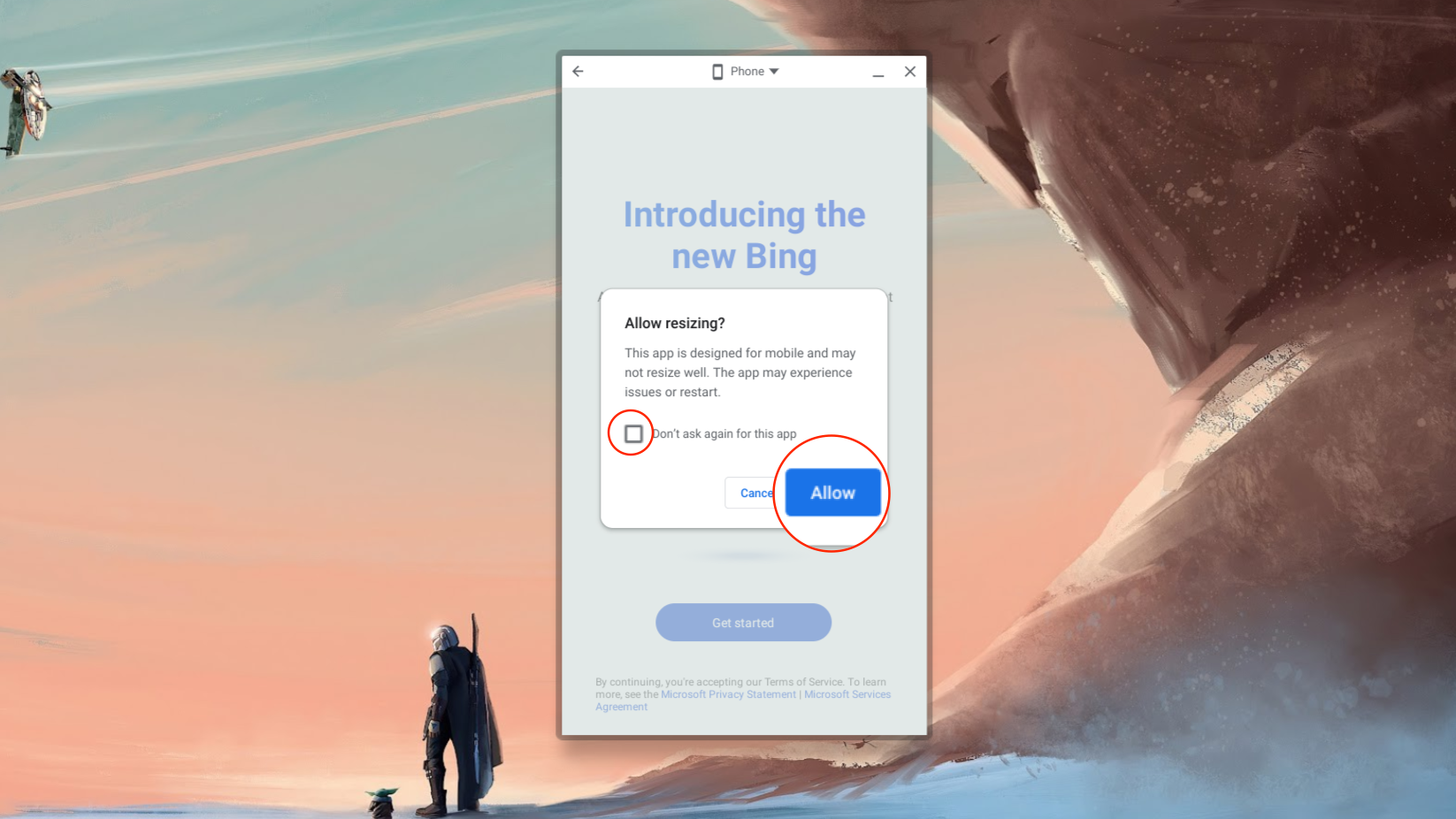 السماح بتغيير الحجم داخل تطبيق Bing على أجهزة Chromebook