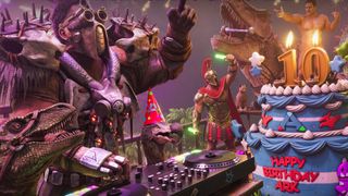 Dinosaurs and survivors gather in front of a birthday cake to celebrate Ark's 10th birthday.