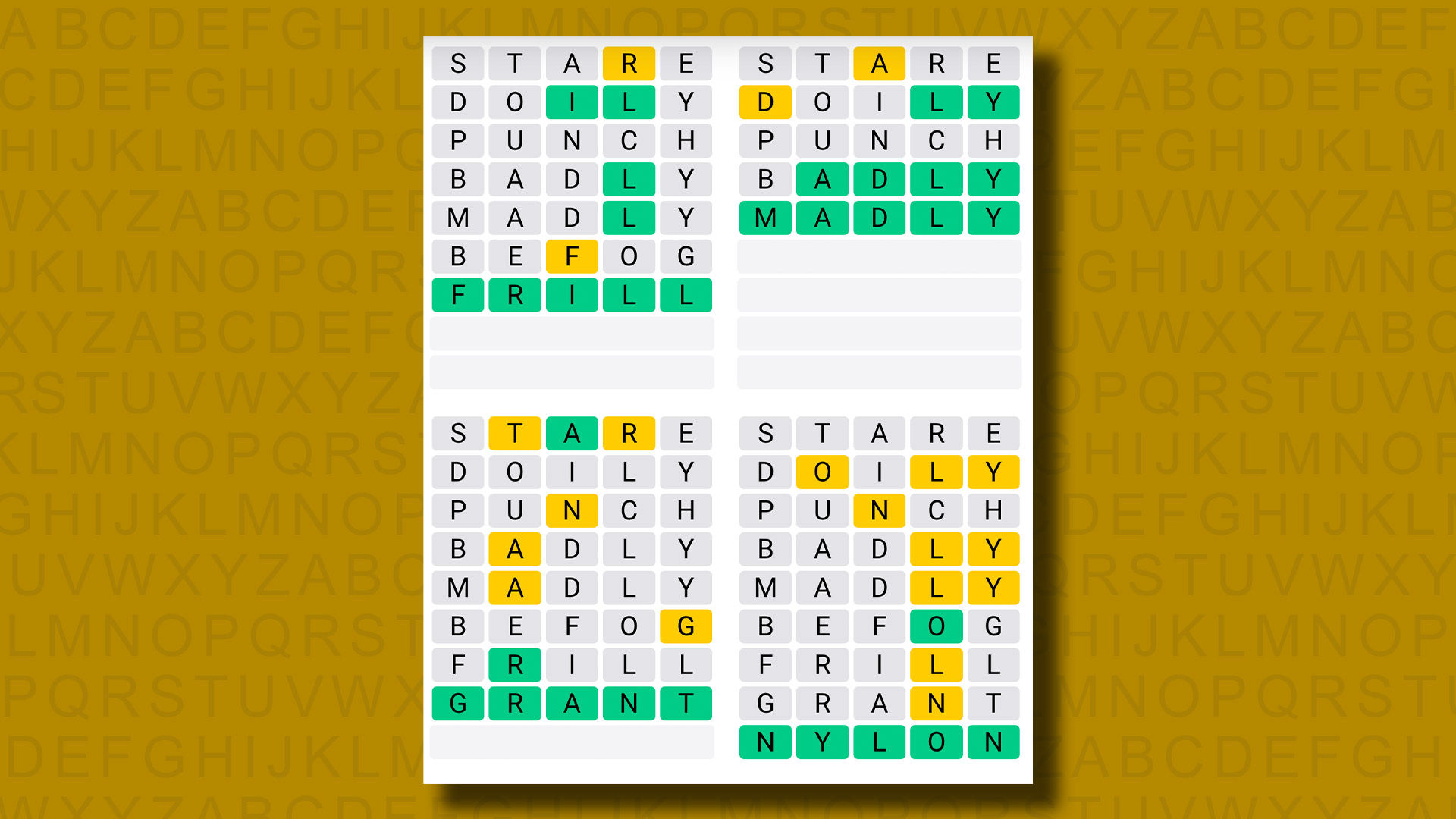 Quordle solutions for game 981 on a yellow background