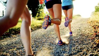 Close-up of people's feet running on a country trail