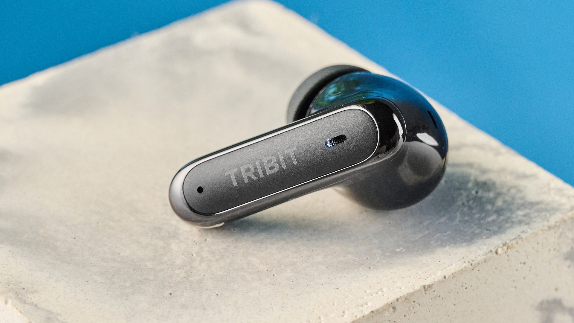 Tribit FlyBuds C3 in black photographed on a blue background with leaves
