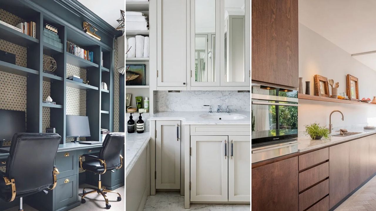 A blue build in office desk with shelves / A white laundry room with white built in cabinets / a kitchen with dark wood cabinet fronts