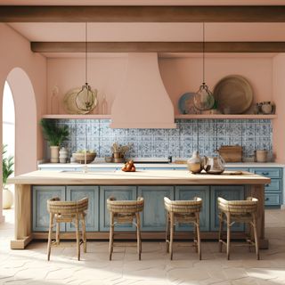 Spanish style kitchen with light blue cabinetry ddn blacksplash with wooden accent pieces and pink walls