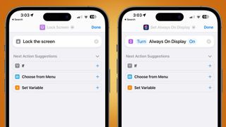 Zwei iPhones zeigen neue Optionen in Apples Shortcuts-App