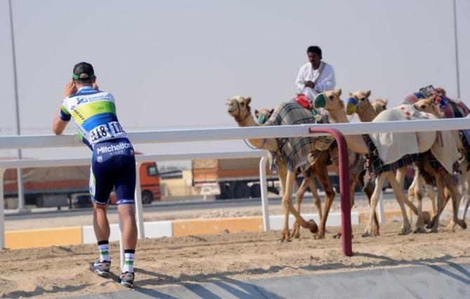 Jens Mouris plays tourist at the camel race track in Qatar