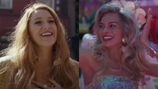 Shots of Blake Lively as Lily Bloom and Margot Robbie as Barbie smiling at the camera. 